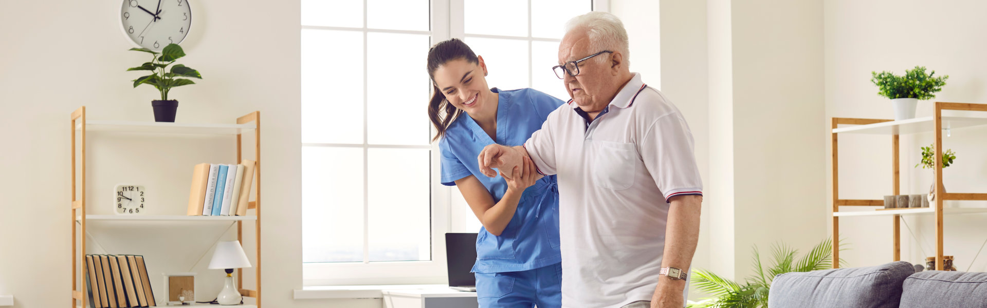 caregiver assist his patient in walking